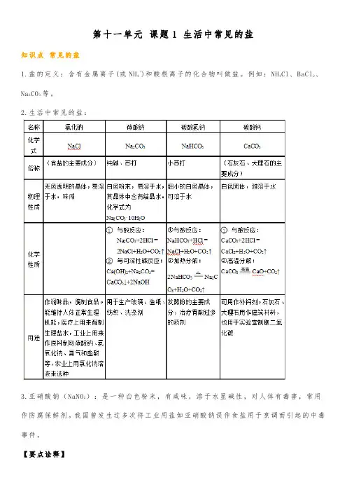人教版九年级下册 第十一单元 课题1 生活中常见的盐 知识点总结归纳