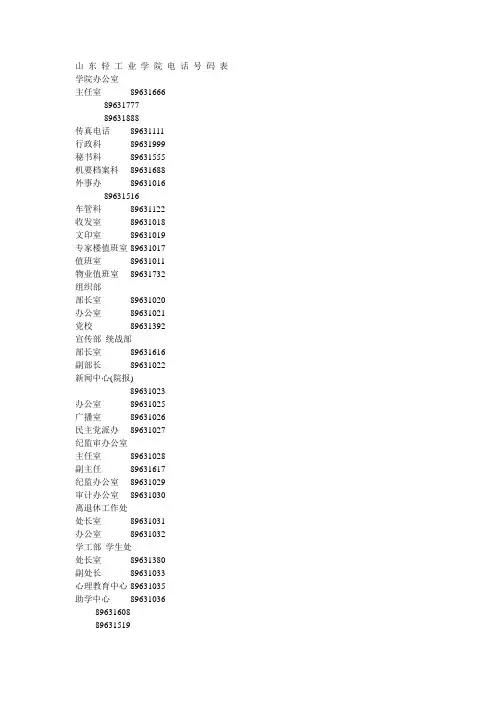 山 东 轻 工 业 学 院 电 话 号 码 表