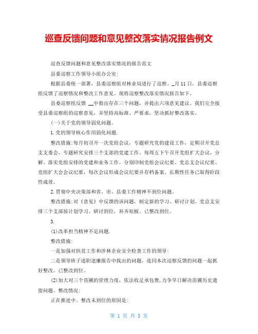 巡查反馈问题和意见整改落实情况报告例文