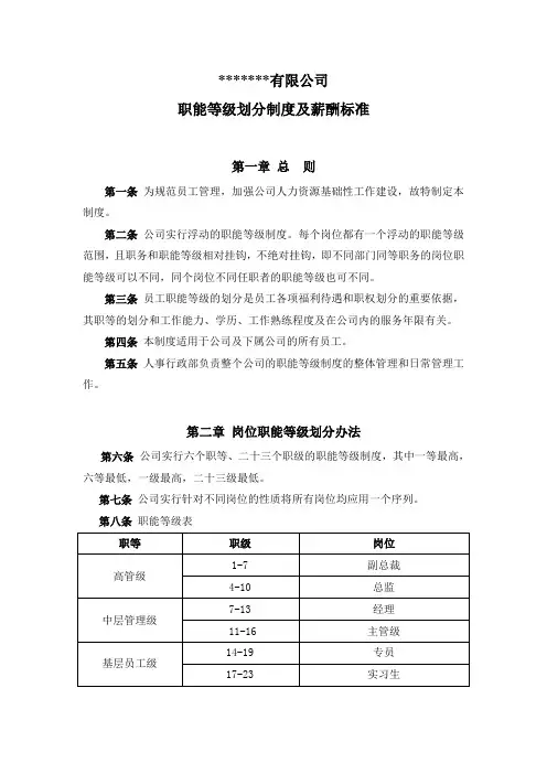 公司职能等级划分制度及薪酬标准
