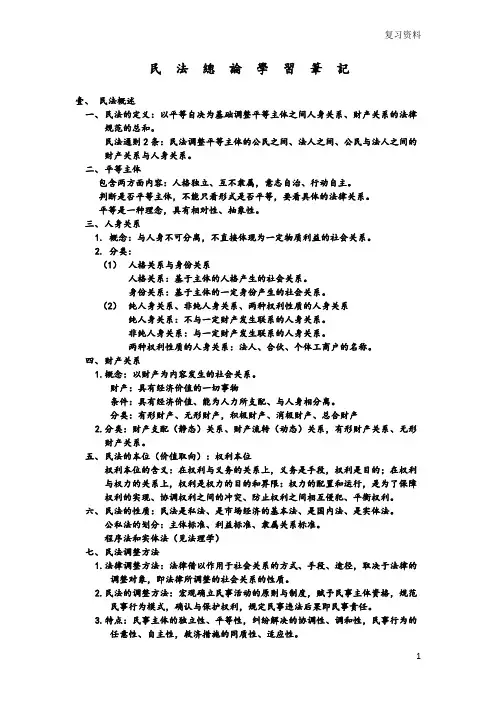 武汉大学名师名校讲义【学习笔记系列】民法总论学习笔记