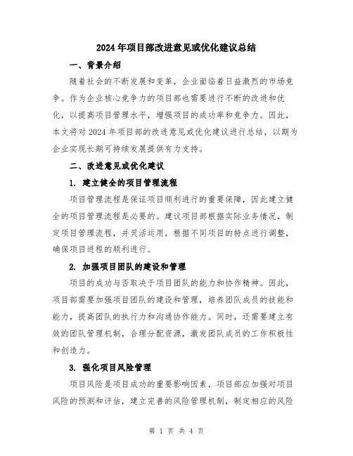 2024年项目部改进意见或优化建议总结