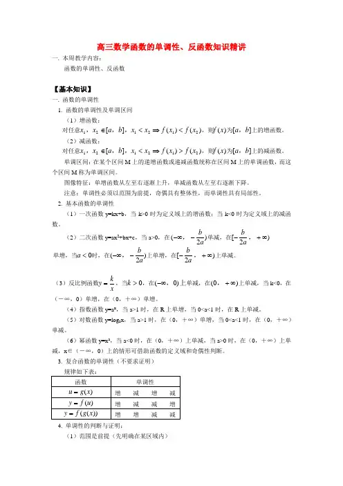人教版高三数学函数的单调性、反函数知识精讲