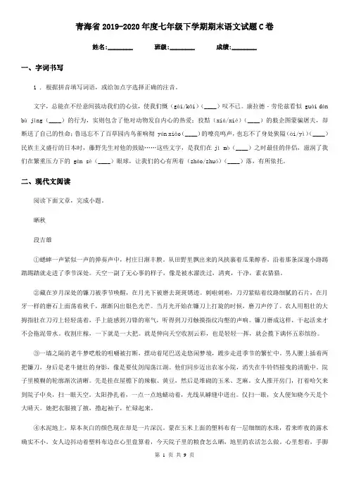 青海省2019-2020年度七年级下学期期末语文试题C卷(模拟)