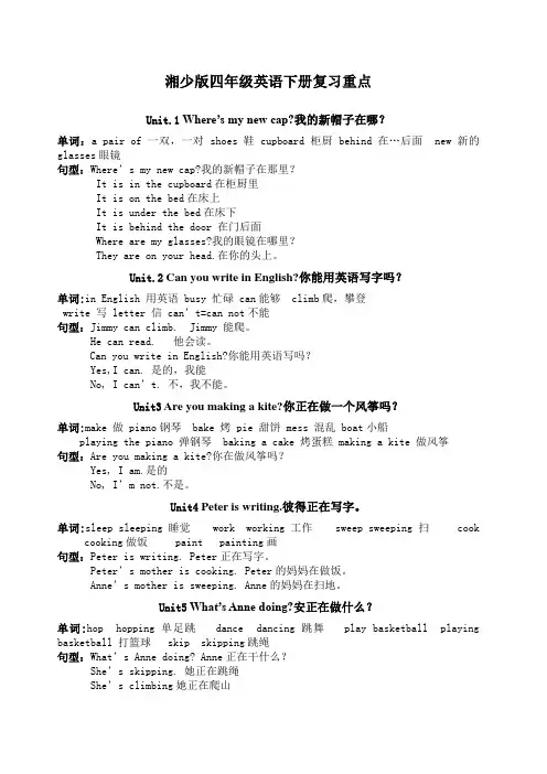 湘少版英语四年级下册复习重点