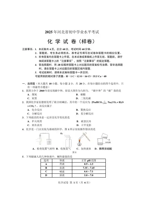 2025年初中学业水平考试化学试卷样卷及答案