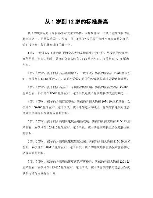 从1岁到12岁的标准身高