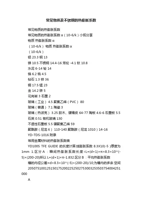 常见物质及不锈钢的热膨胀系数