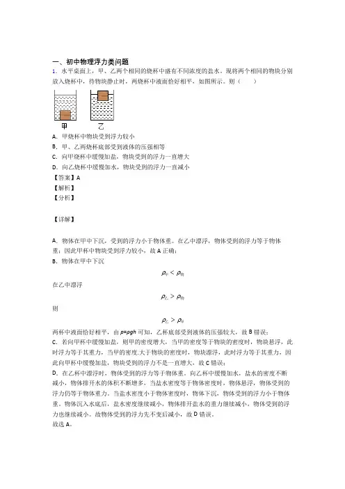 中考物理—浮力类问题压轴题专题复习及答案