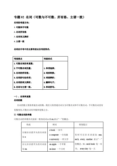 专题02 名词(可数与不可数、所有格、主谓一致)-初中英语重要语法精讲精练(江苏专用)