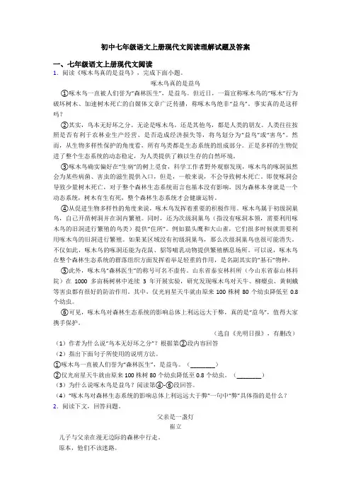 初中七年级语文上册现代文阅读理解试题及答案