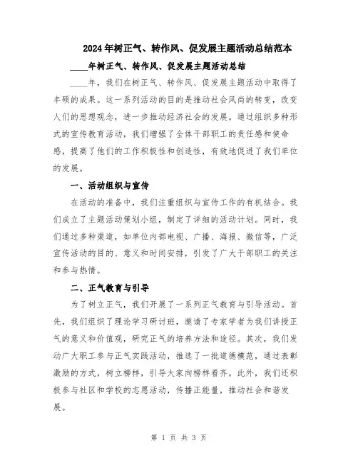 2024年树正气、转作风、促发展主题活动总结范本