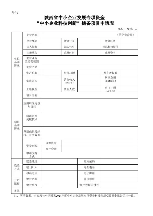 陕西省中小企业发展专项资金“中小企业科技创新”储备项目申请表