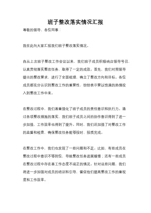 班子整改落实情况汇报