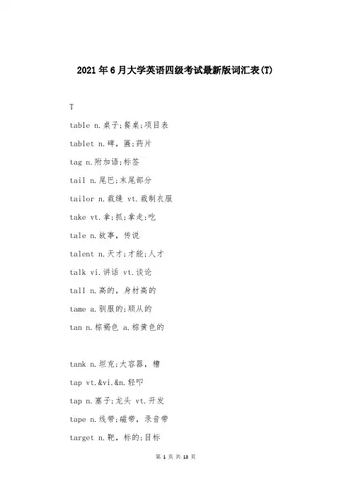 2021年6月大学英语四级考试最新版词汇表(T)