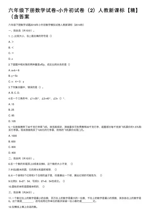 六年级下册数学试卷-小升初试卷（2）人教新课标【精】（含答案