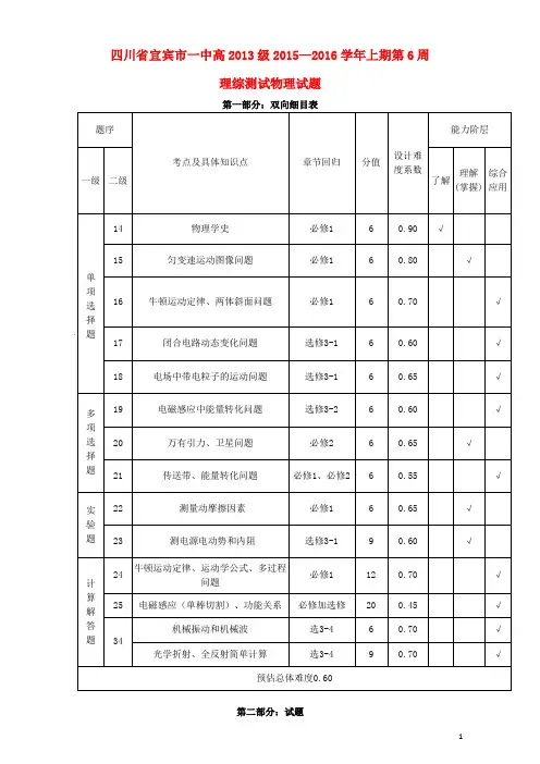 四川省宜宾市一中2015_2016学年高三物理上学期第6周试题
