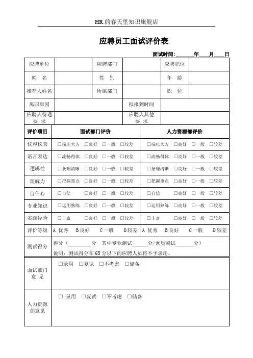 应聘员工面试评价表