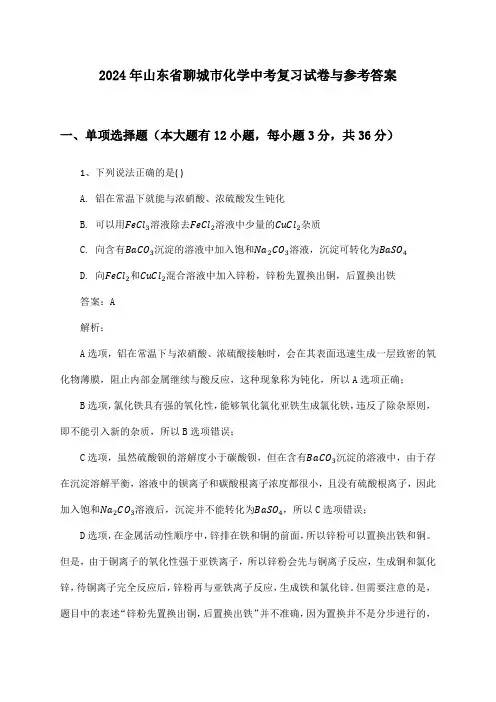 2024年山东省聊城市化学中考复习试卷与参考答案