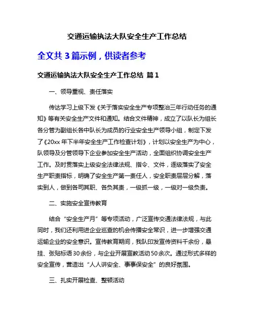 交通运输执法大队安全生产工作总结