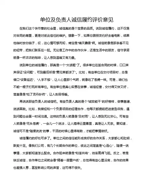 单位及负责人诚信履约评价意见