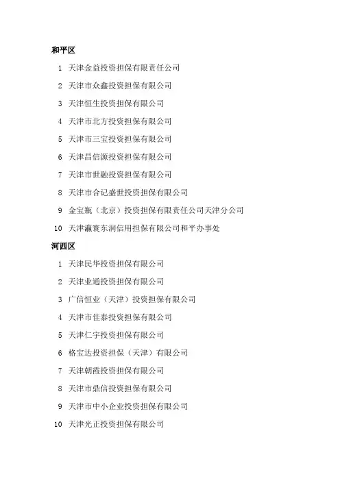天津市各区县融资性担保公司名单
