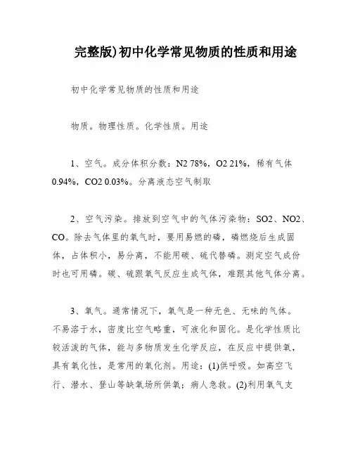 完整版)初中化学常见物质的性质和用途
