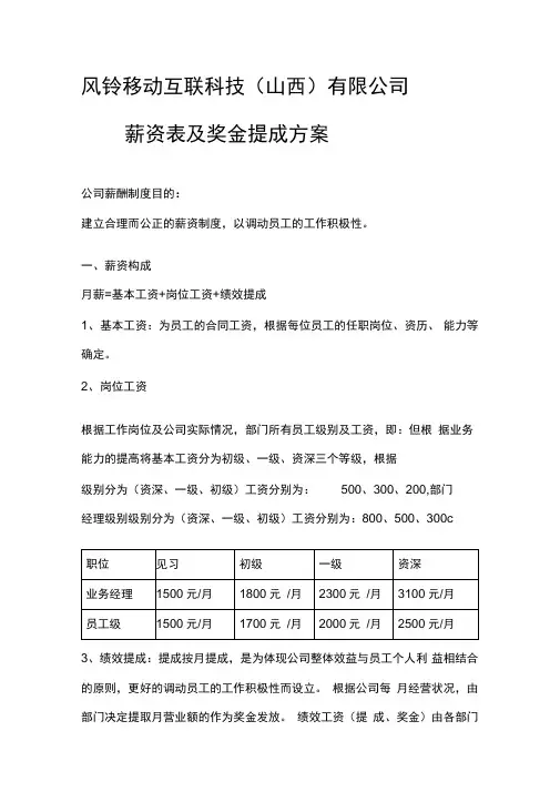 薪资表及奖金提成方案