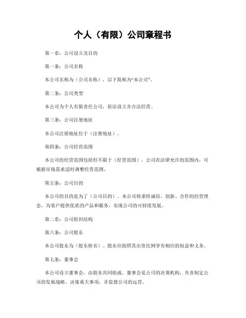 个人(有限)公司章程书