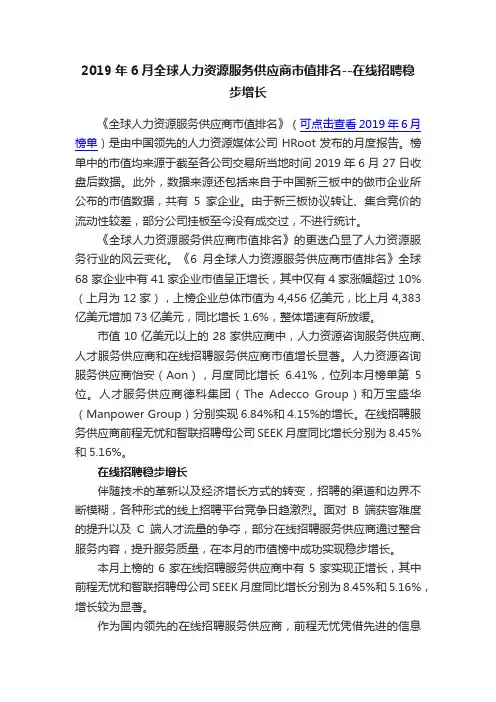 2019年6月全球人力资源服务供应商市值排名--在线招聘稳步增长