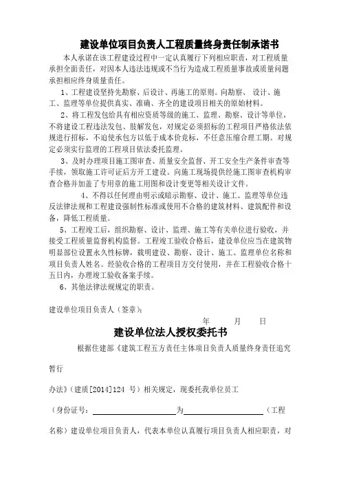 建设单位项目负责人工程质量终身责任制承诺书