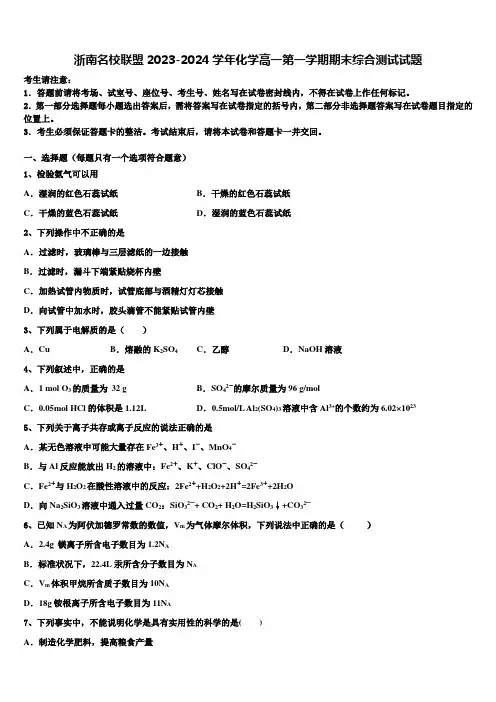 浙南名校联盟2023-2024学年化学高一第一学期期末综合测试试题含解析