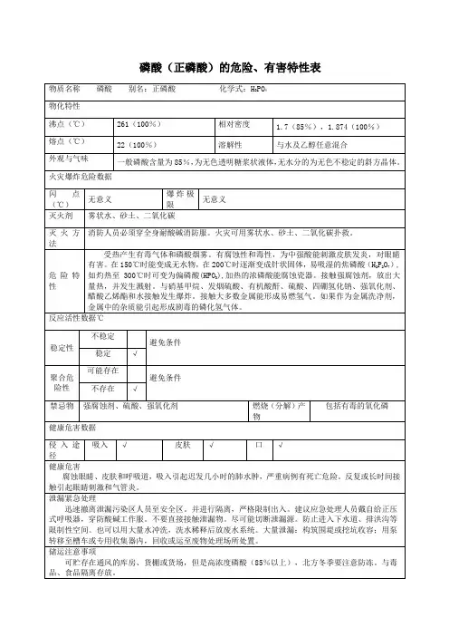 2危险化学品磷酸(正磷酸)的危险、有害特性表MSDS