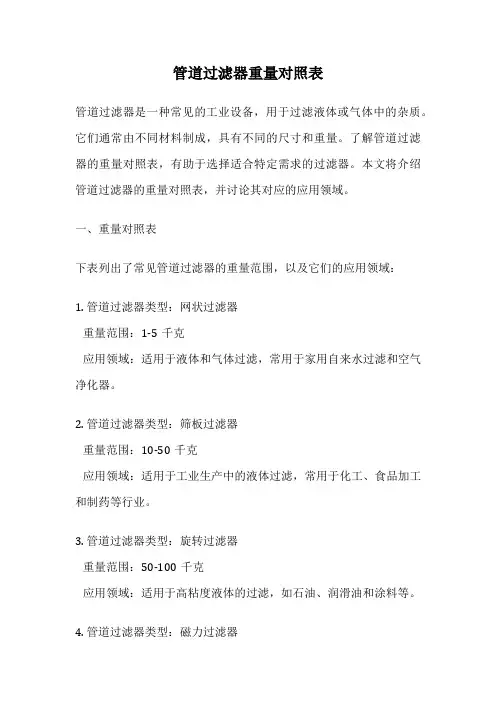 管道过滤器重量对照表