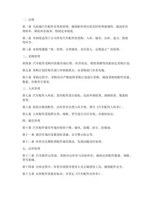 汽车配件存货管理制度范本