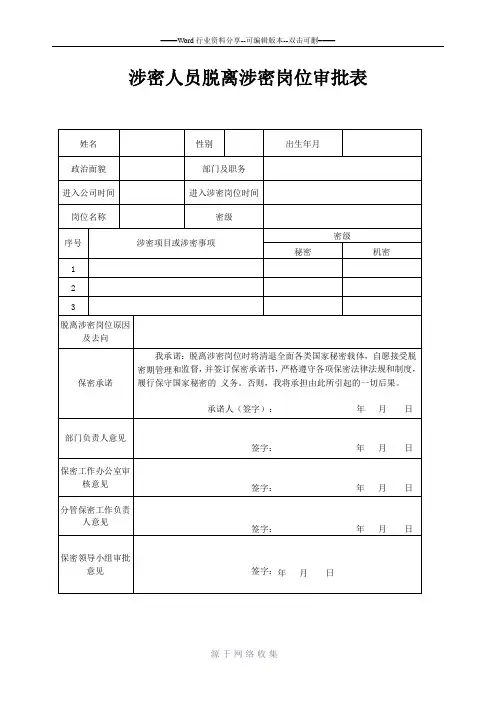 涉密人员脱离涉密岗位审批表