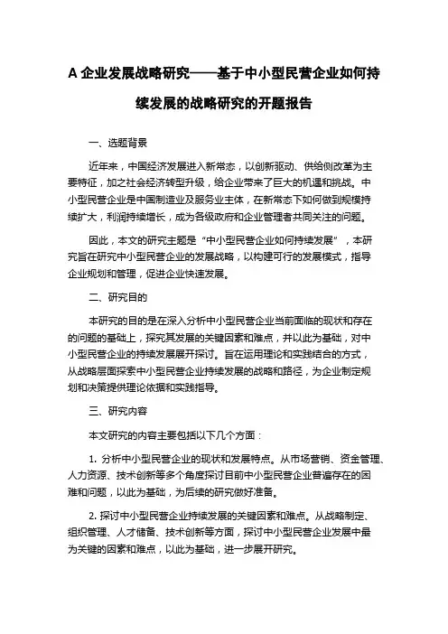 A企业发展战略研究——基于中小型民营企业如何持续发展的战略研究的开题报告