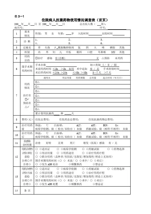 本院住院病人抗菌药物调查表