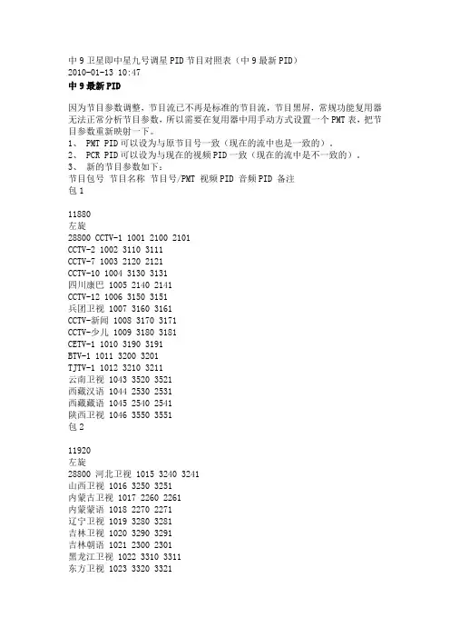 中9卫星即中星九号调星PID节目对照表