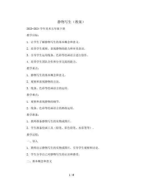 静物写生(教案)2023-2024学年美术五年级下册  