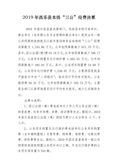 2019年昌乐县本级三公经费决算