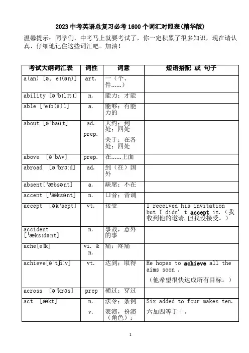 2023中考英语总复习必考1600个词汇对照表(精华版)