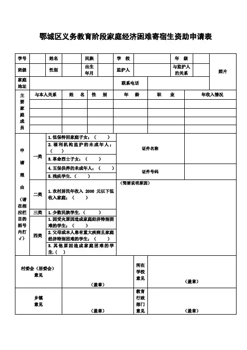 鄂城区义务教育阶段家庭经济困难寄宿生资助申请表1