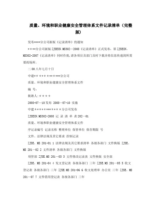 质量、环境和职业健康安全管理体系文件记录清单(完整版)