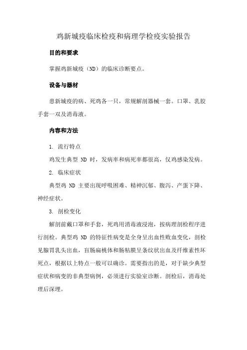 鸡新城疫临床检疫和病理学检疫实验报告