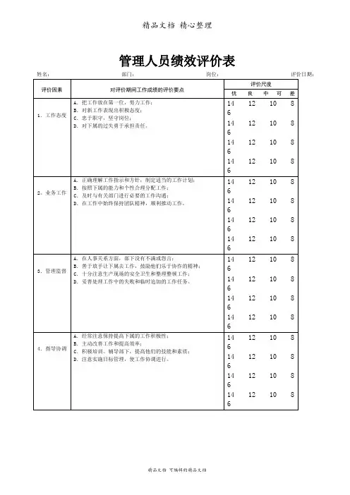 管理人员绩效评价表