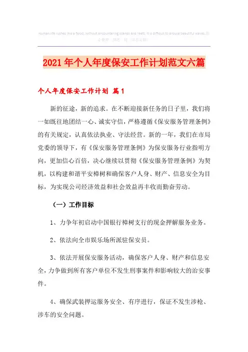 2021年个人年度保安工作计划范文六篇
