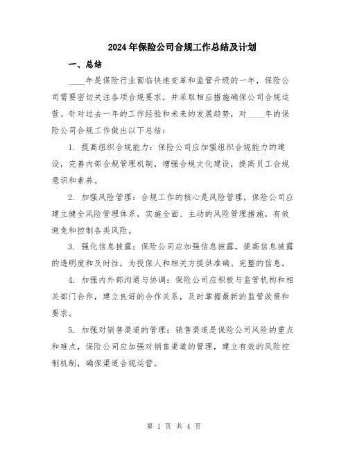 2024年保险公司合规工作总结及计划