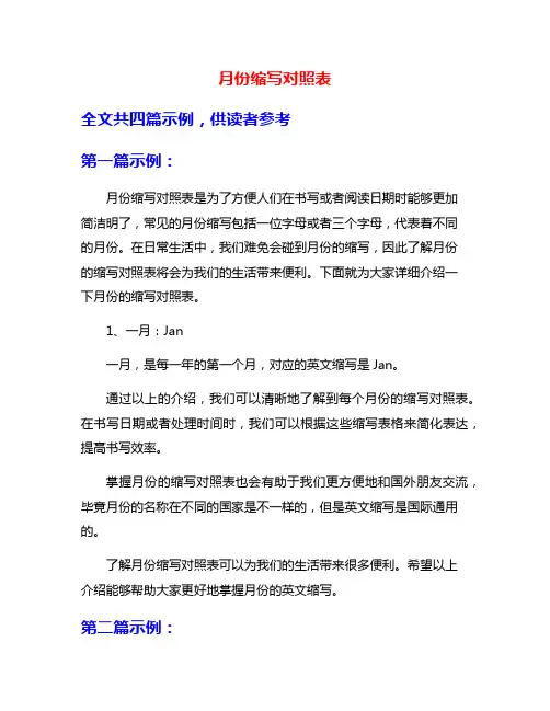 月份缩写对照表