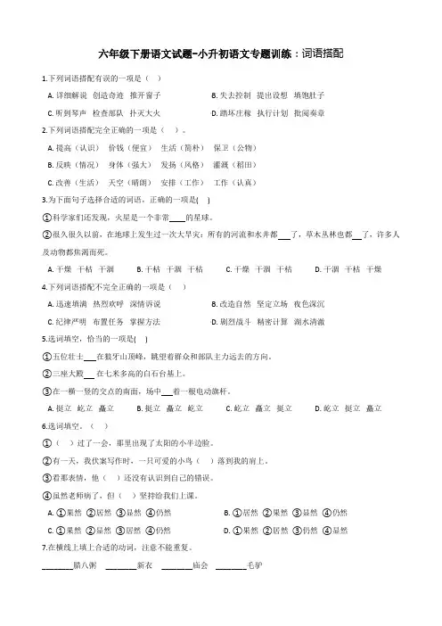 六年级下册语文试题-小升初语文专题训练：词语搭配 部编版(含答案)